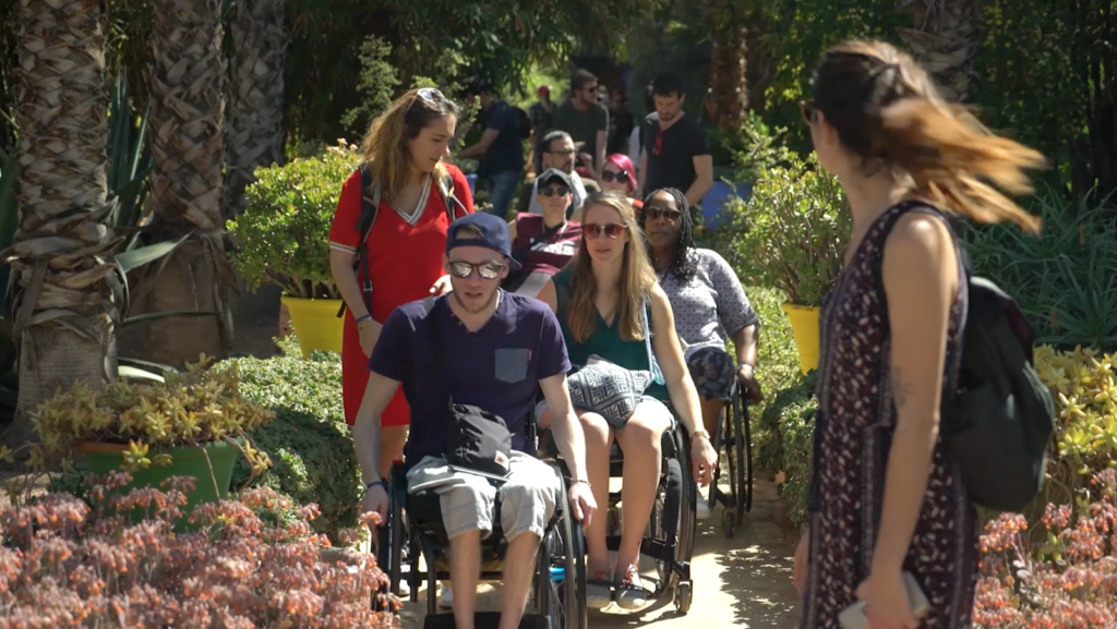 Groupe de personnes, certaines en fauteuil roulant, se promenant dans un jardin ensoleillé bordé de palmiers et de plantes colorées. Elles échangent et sourient, accompagnées par des encadrants marchant à leurs côtés.