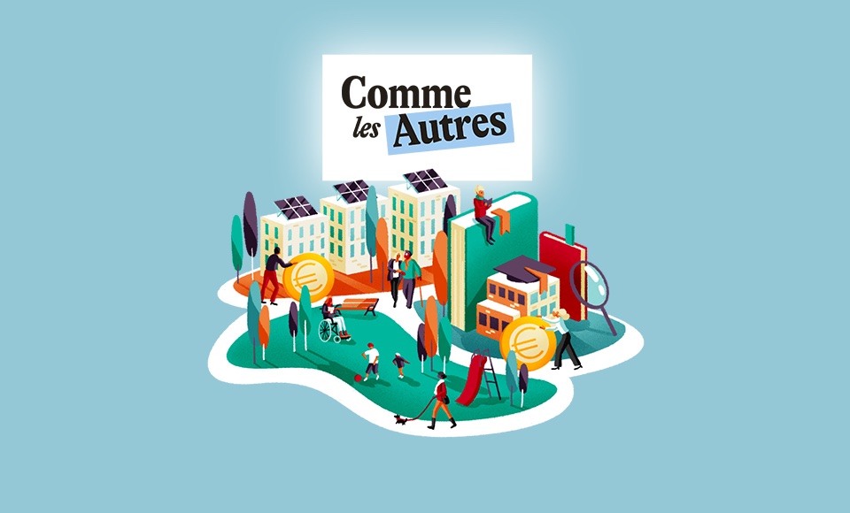 Illustration colorée représentant une ville inclusive : des bâtiments avec panneaux solaires, des personnes marchant, discutant et jouant dans un parc, dont une en fauteuil roulant. En haut, le logo “Comme les Autres” apparaît sur fond blanc et bleu clair.