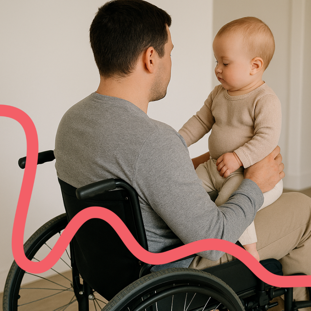 Un homme en fauteuil roulant tient tendrement un bébé sur ses genoux, dans une pièce lumineuse. Une ligne rouge ondulée traverse l’image, symbole de lien et de mouvement. 