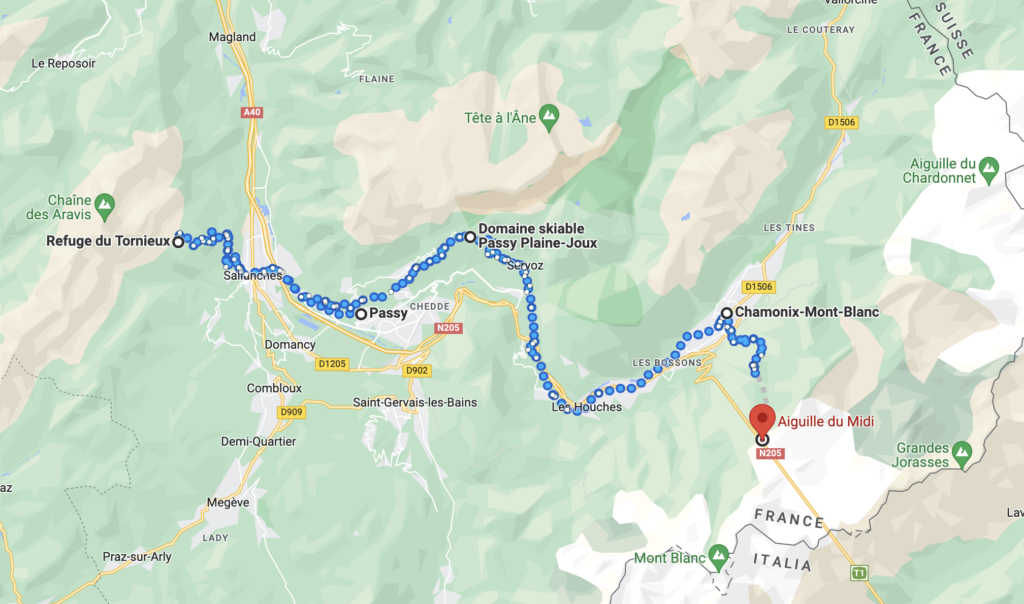 Carte du parcours du projet montagne reliant le Refuge du Tornieux à l’Aiguille du Midi, passant par Passy et Chamonix dans les Alpes françaises.