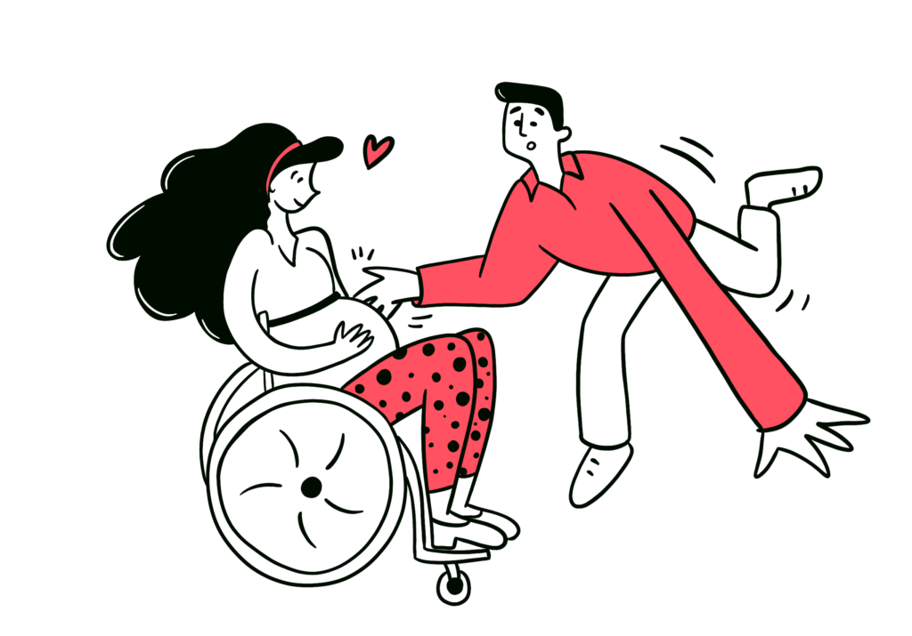 Une femme enceinte en fauteuil roulant sourit tandis qu’un homme, vêtu de rouge, lui tend la main avec affection. Un petit cœur rouge flotte entre eux, symbole d’amour et de complicité.